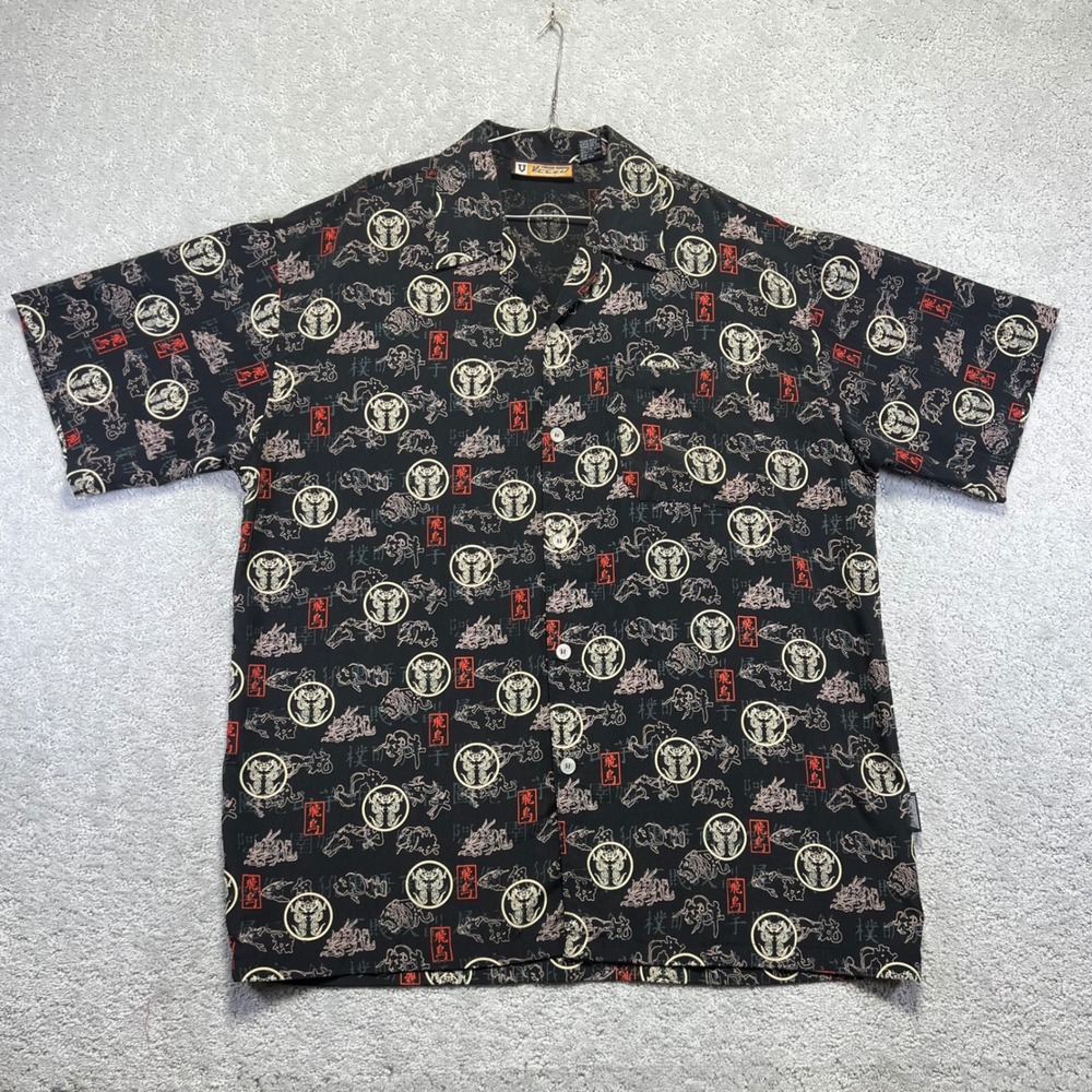 Y2k Veezo Millennium Gear Shirt Mens Large Black Dragon Kanji Tribal Button Down